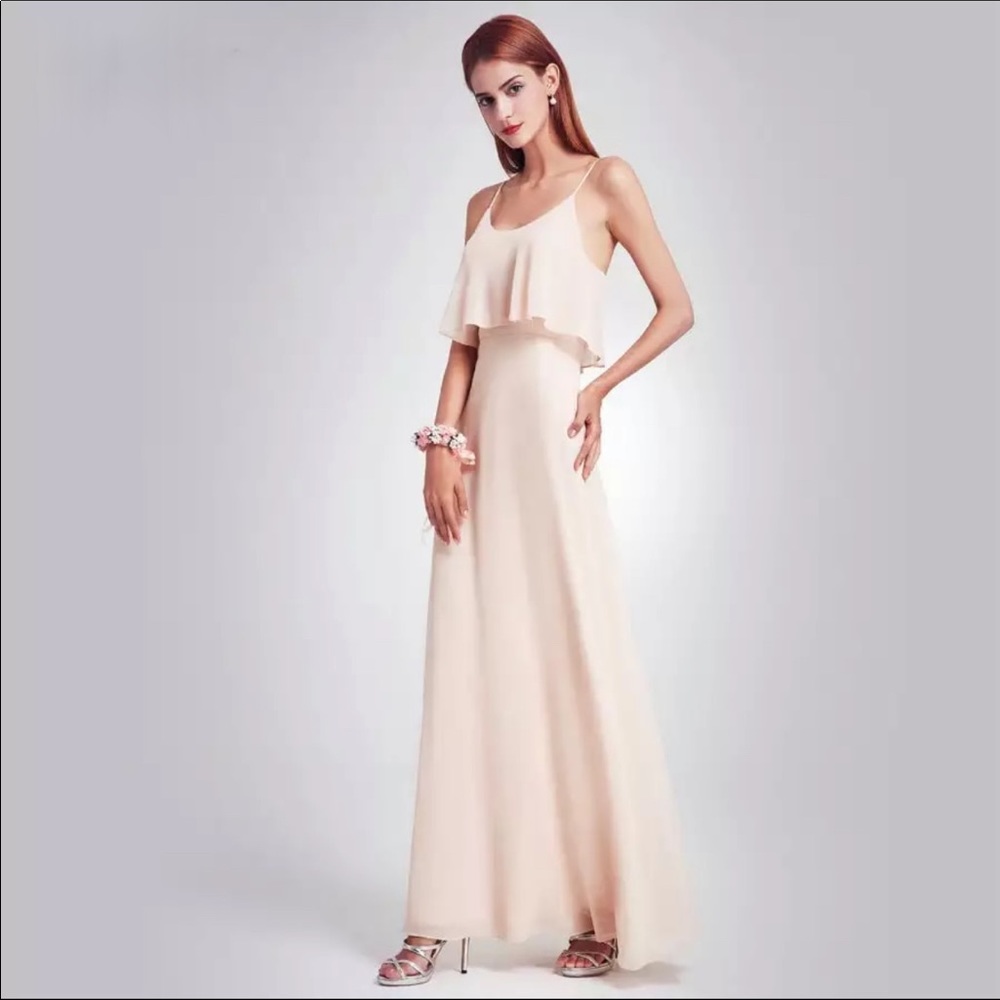 Beige Bridesmaid Chiffon A-Line Ruffle Dress